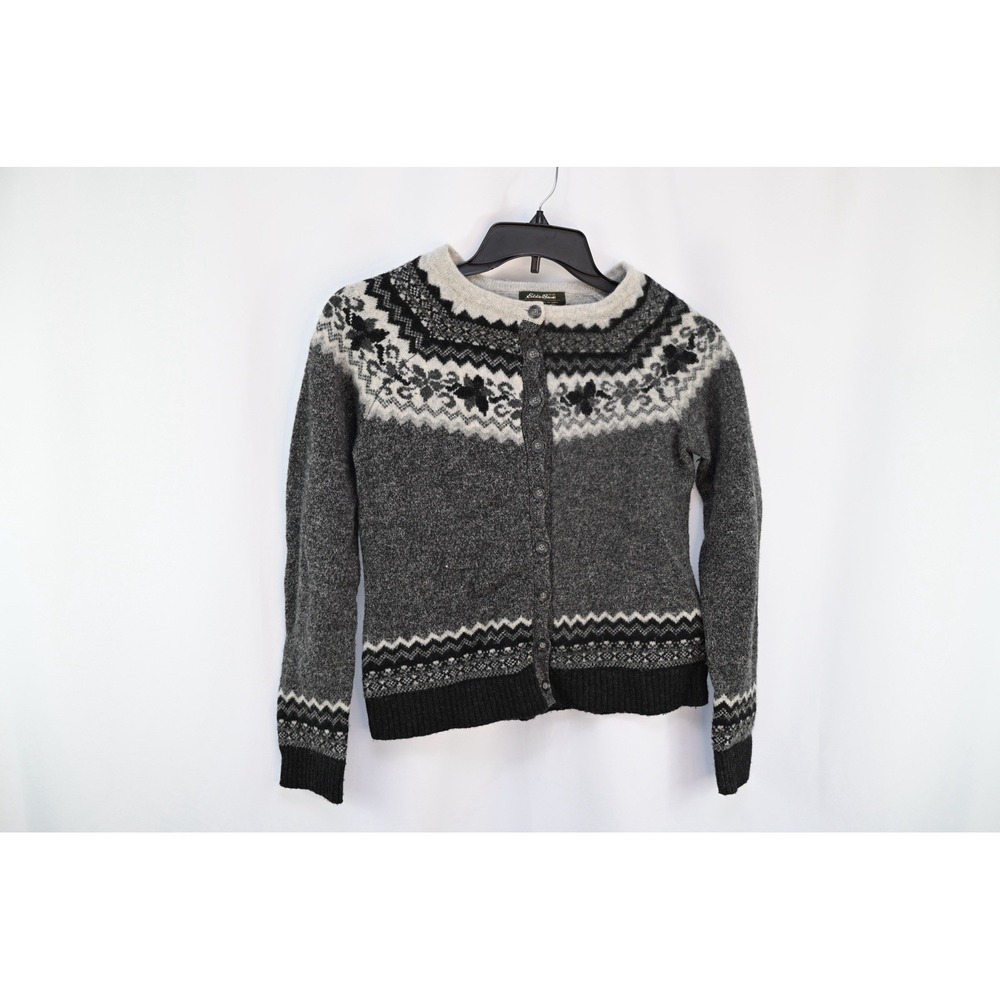 Eddie Bauer Women Gray Fair Isle Lambswool Cardigan Sweater Size L Long Sleeve